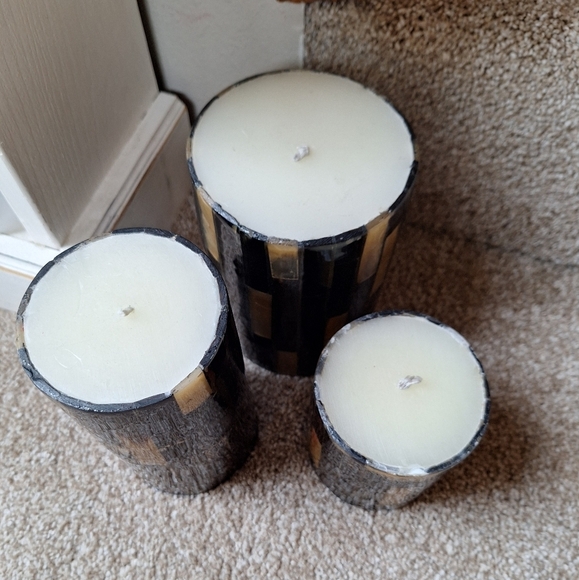 Crate&Barrel 3 Piece Black Horn Pillar Candle Set Unscented - Picture 2 of 8